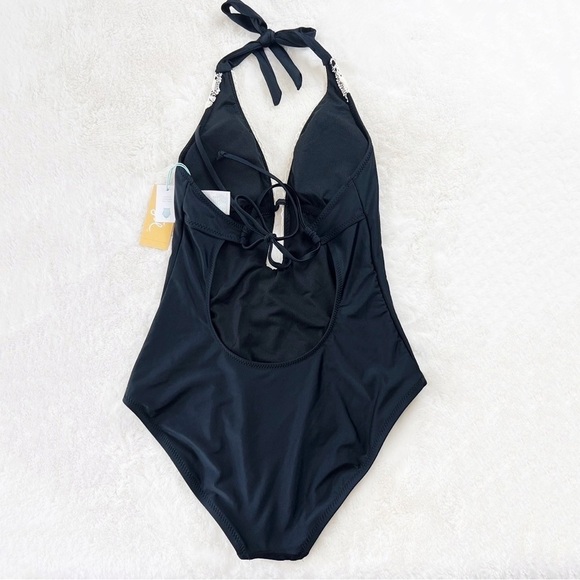 NWT Kona Sol Plunge Embroidered One apiece Swimsuit Black - Picture 5 of 7